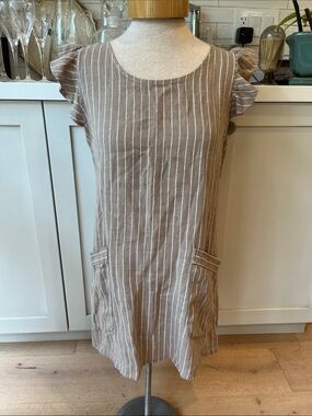 Pistache White Stripe on Taupe 100% Linen Mini Dress with Ruffle Cap Sleeves